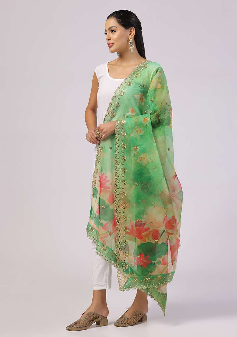 Green Printed Sequin Embroidered Organza Dupatta - Indya