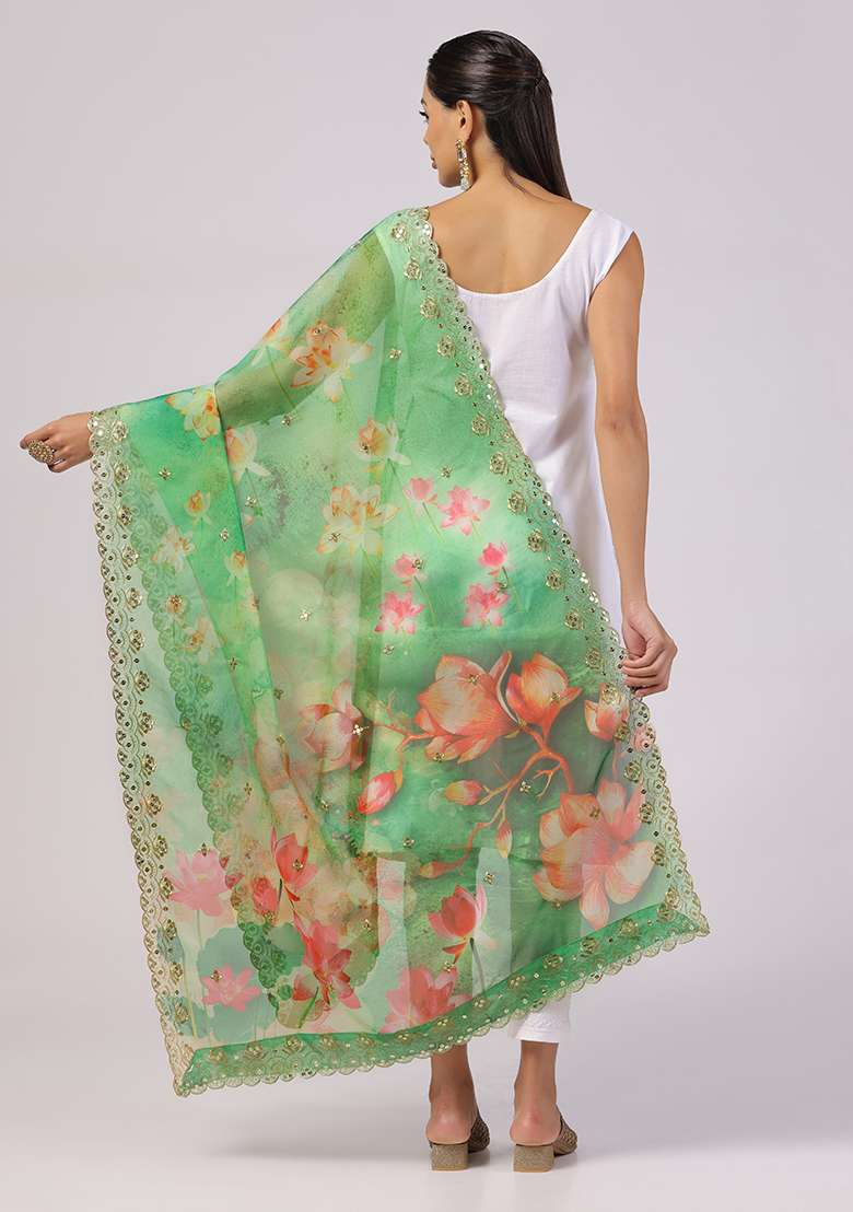 Green Printed Sequin Embroidered Organza Dupatta - Indya