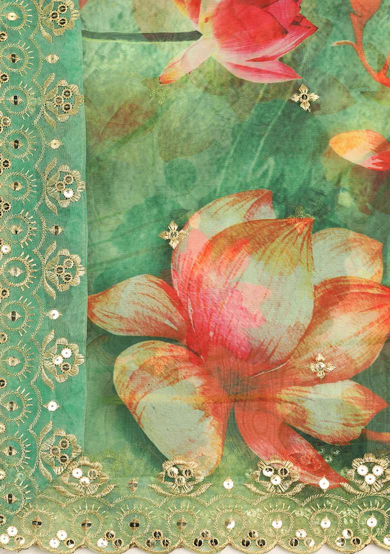 Green Printed Sequin Embroidered Organza Dupatta - Indya