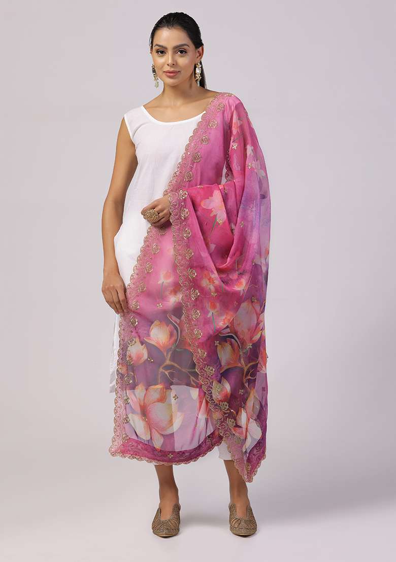 Pink Printed Sequin Embroidered Organza Dupatta - Indya