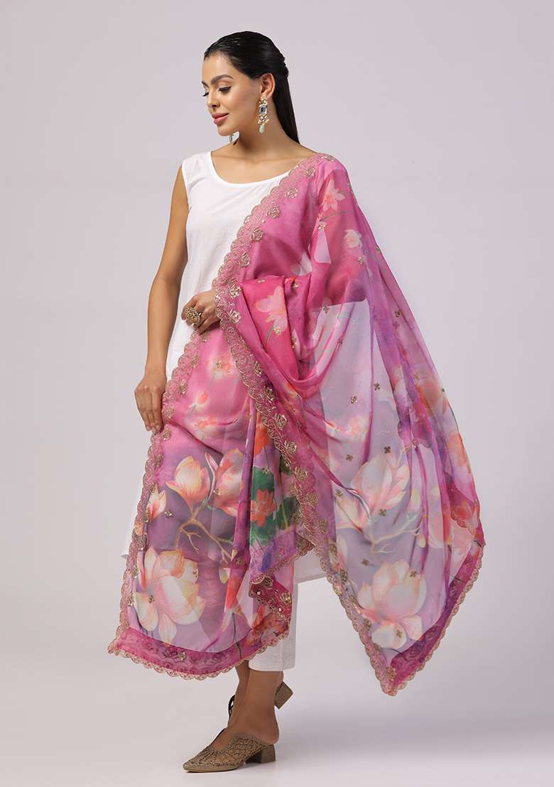 Pink Printed Sequin Embroidered Organza Dupatta - Indya