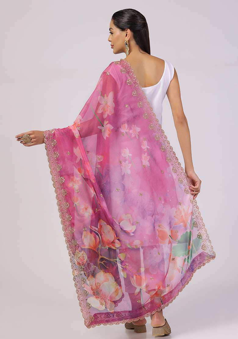 Pink Printed Sequin Embroidered Organza Dupatta - Indya
