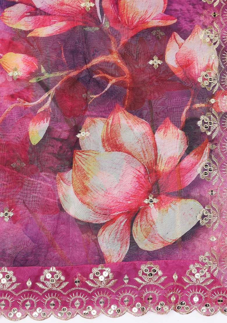 Pink Printed Sequin Embroidered Organza Dupatta - Indya