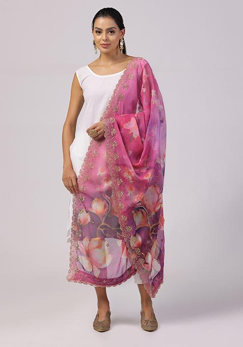 Pink Printed Sequin Embroidered Organza Dupatta