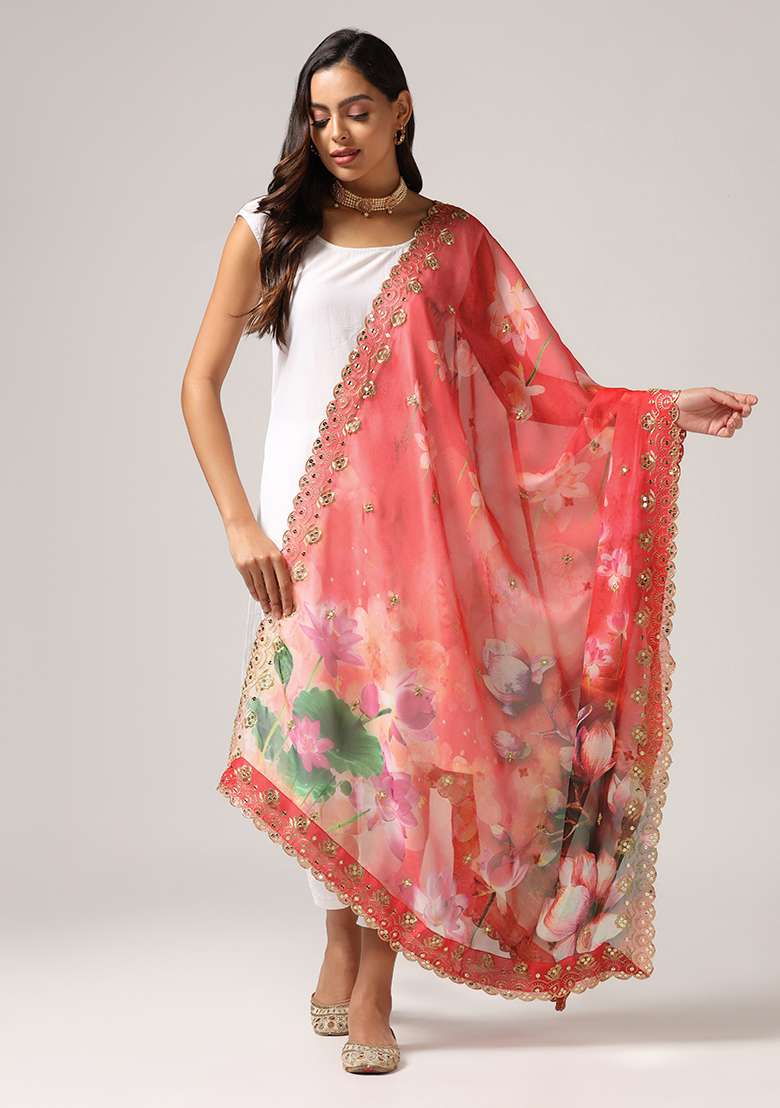 Red Printed Sequin Embroidered Organza Dupatta - Indya