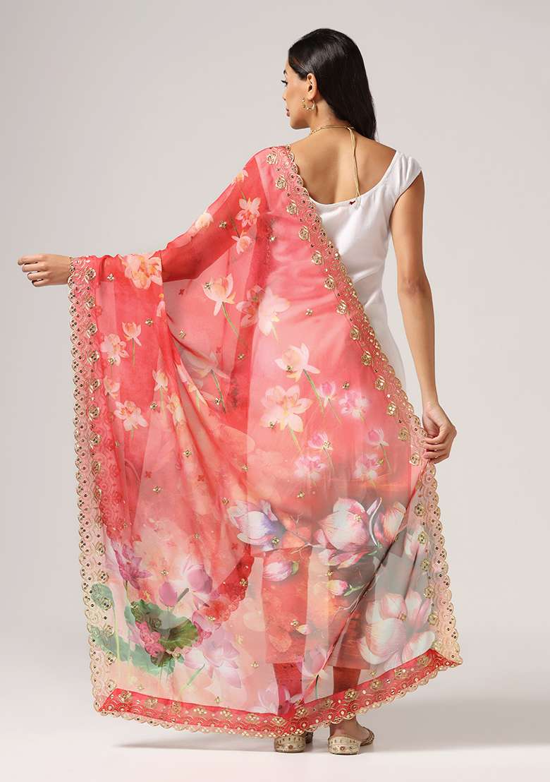 Red Printed Sequin Embroidered Organza Dupatta - Indya