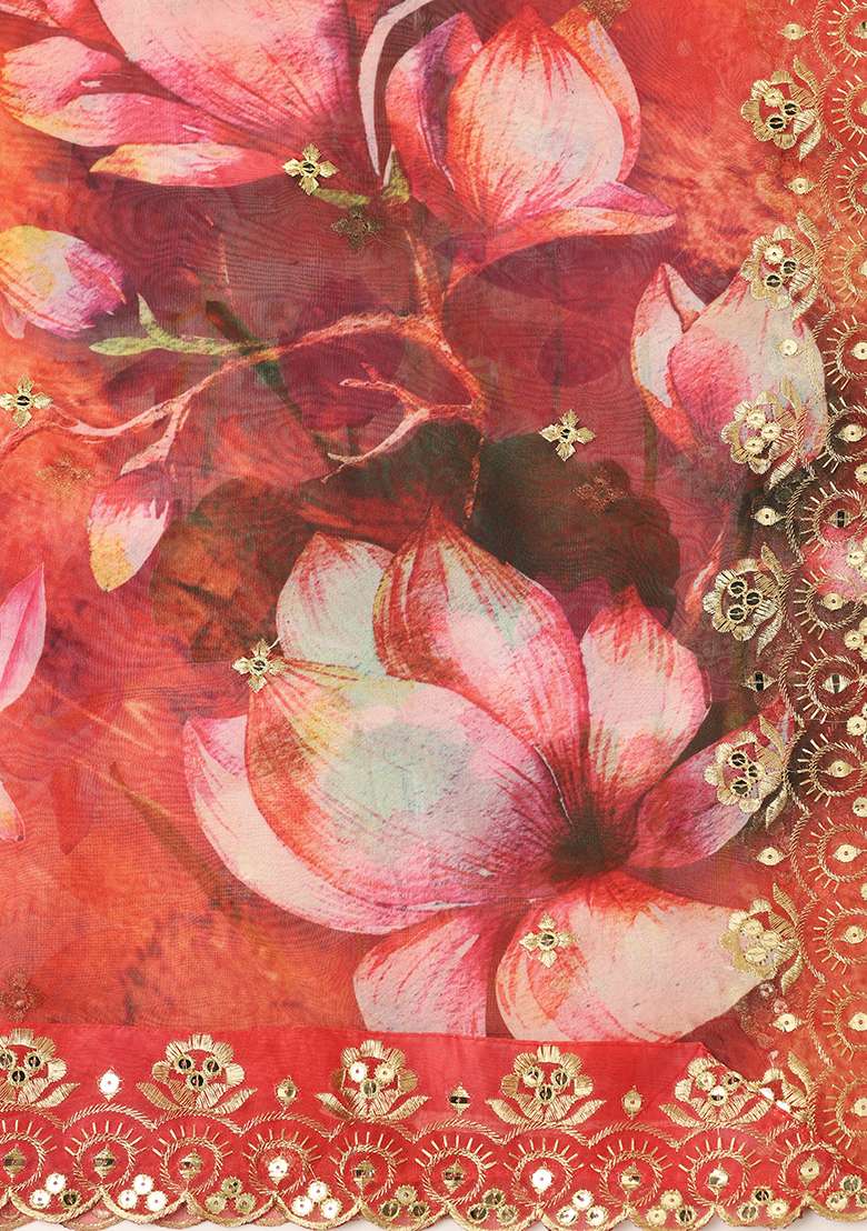 Red Printed Sequin Embroidered Organza Dupatta - Indya