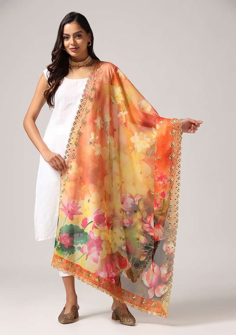 Yellow Printed Sequin Embroidered Organza Dupatta - Indya
