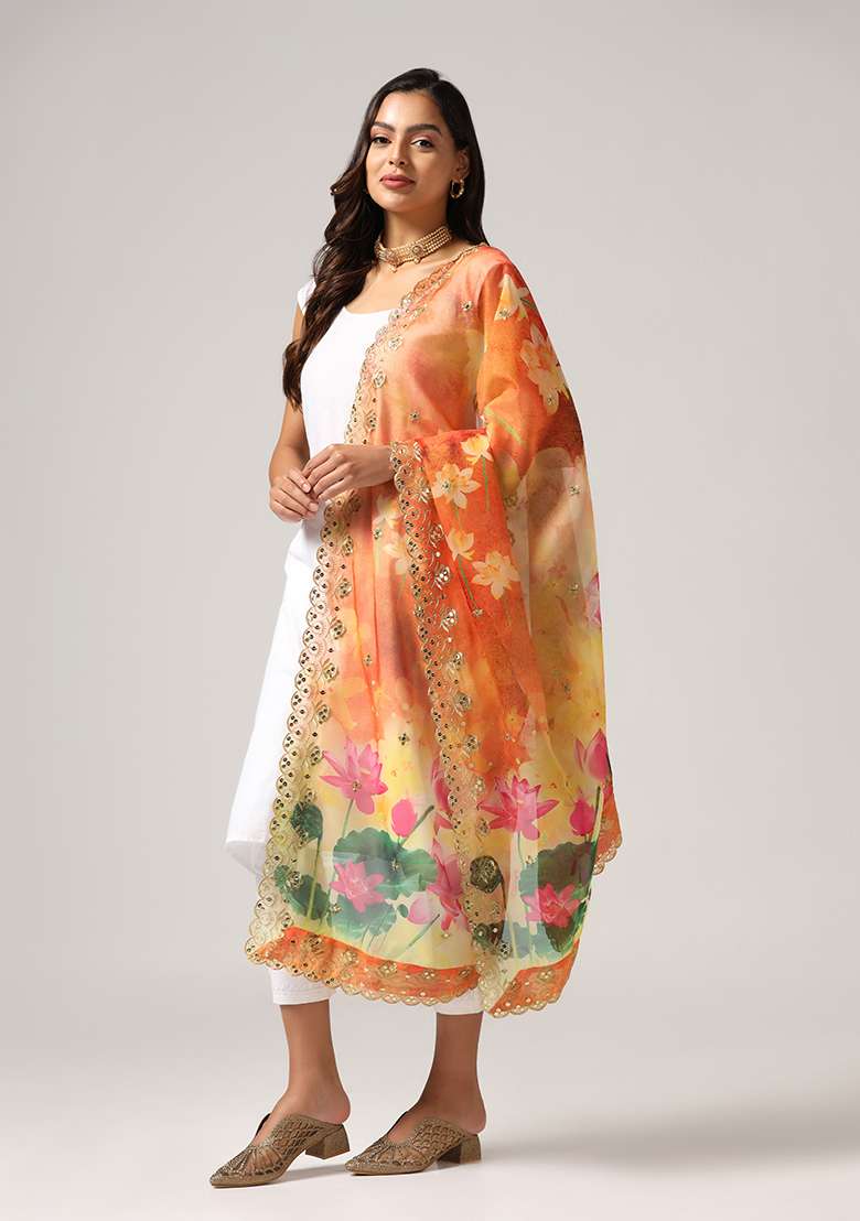 Yellow Printed Sequin Embroidered Organza Dupatta - Indya