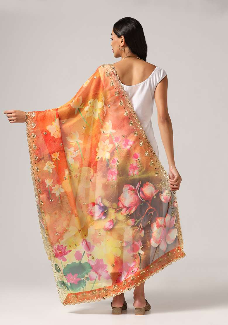 Yellow Printed Sequin Embroidered Organza Dupatta - Indya