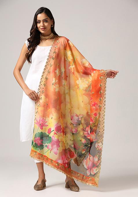 Yellow Printed Sequin Embroidered Organza Dupatta