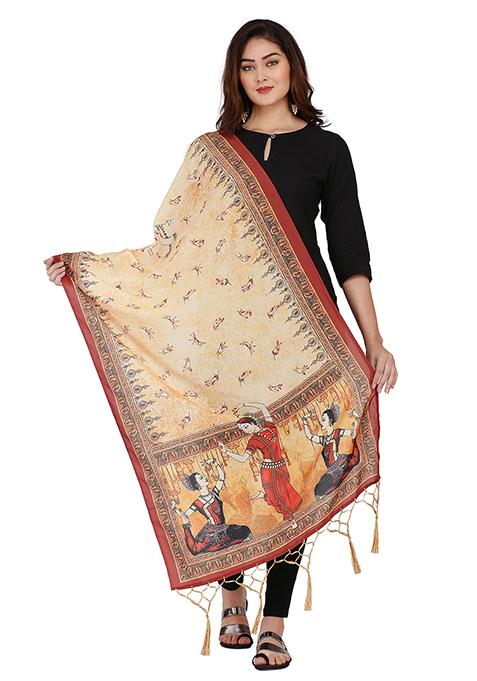 Beige Printed Abstract Print Cotton Dupatta