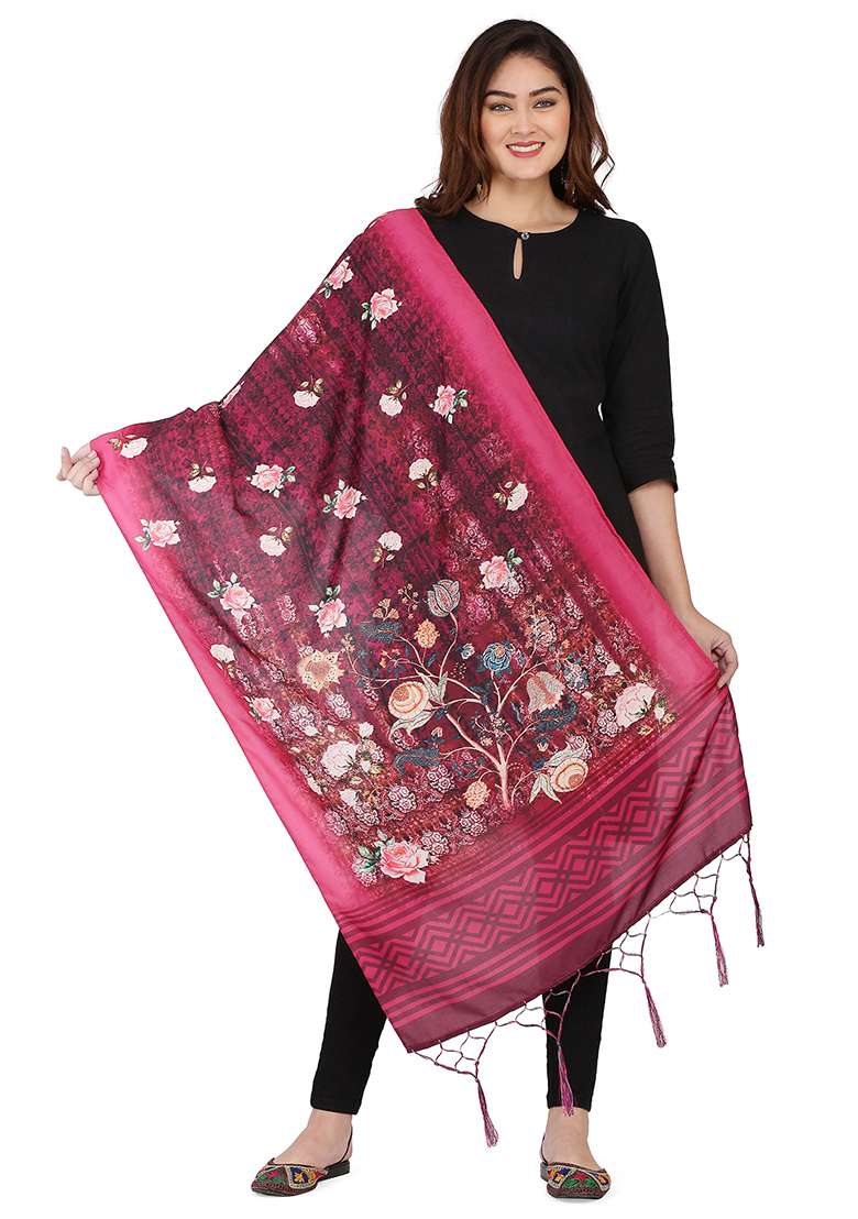 Dark Pink Printed Abstract Print Cotton Dupatta - Indya