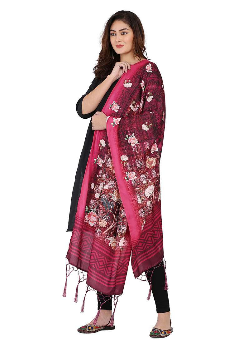 Dark Pink Printed Abstract Print Cotton Dupatta - Indya