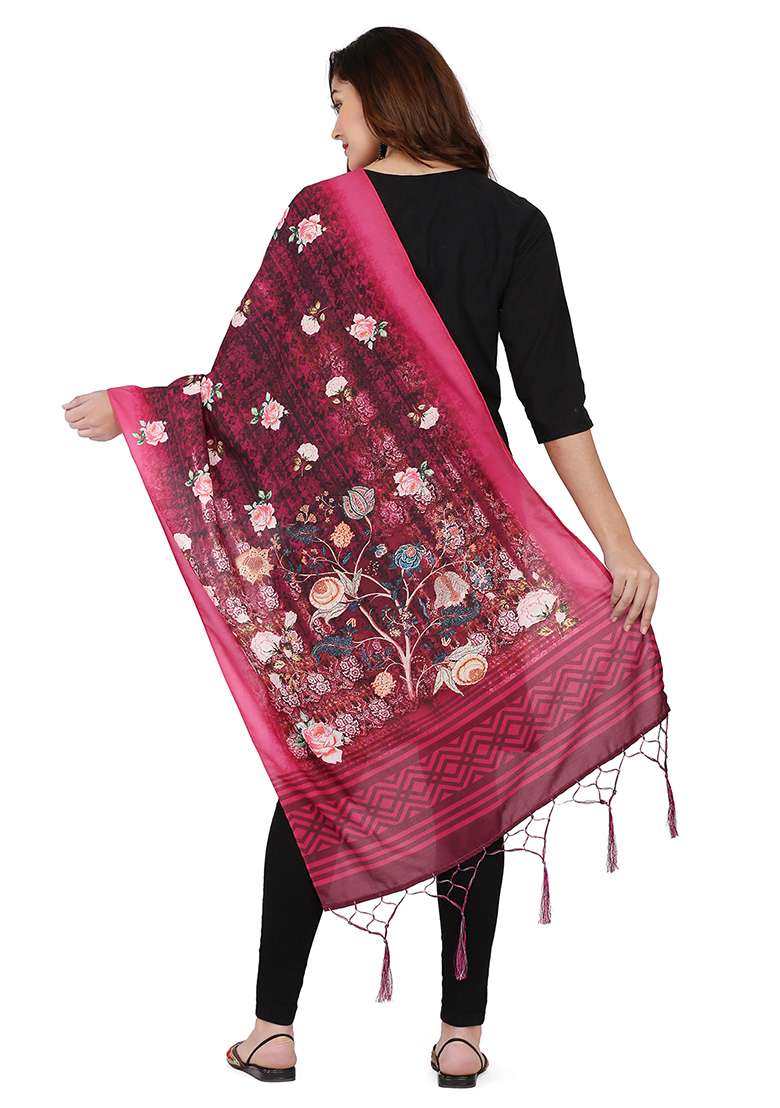 Dark Pink Printed Abstract Print Cotton Dupatta - Indya