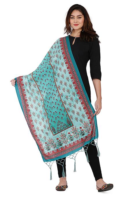 Light Blue Printed Abstract Print Cotton Dupatta