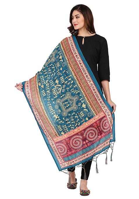 Teal Printed Abstract Print Cotton Dupatta