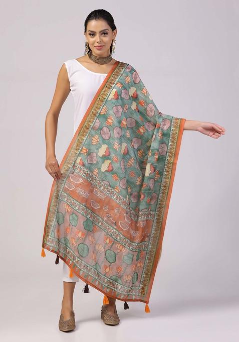 Green Printed Linen Cotton Zari Dupatta