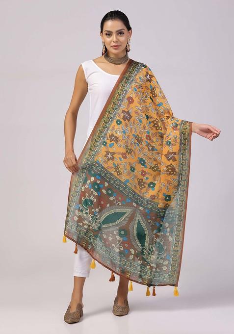 Yellow Printed Linen Cotton Zari Dupatta