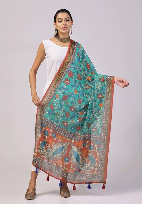 Teal Printed Linen Cotton Zari Dupatta