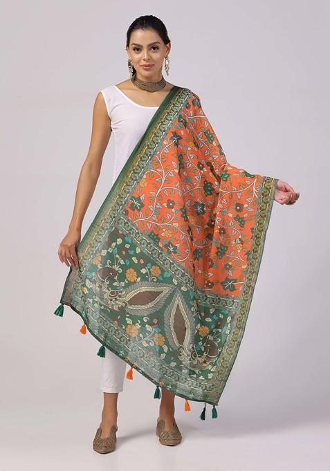 Orange Printed Linen Cotton Zari Dupatta