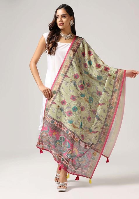 Green Printed Linen Cotton Zari Dupatta