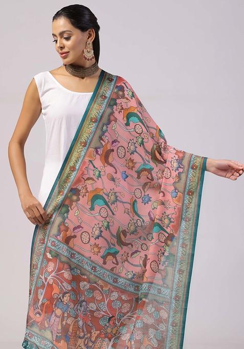 Peach Printed Linen Cotton Zari Dupatta