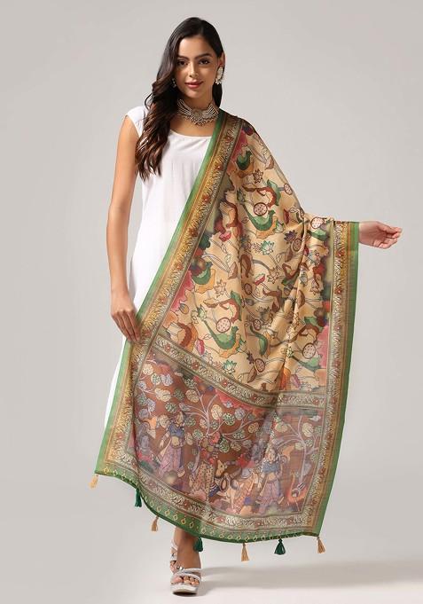 Yellow Printed Linen Cotton Zari Dupatta