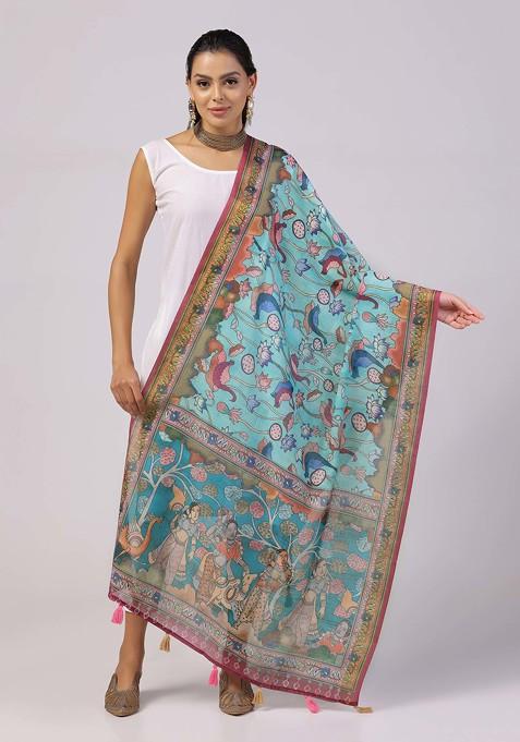 Sky Blue Printed Linen Cotton Zari Dupatta