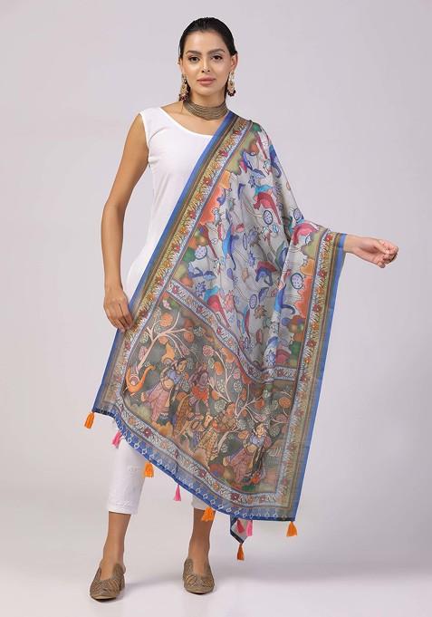 Grey Printed Linen Cotton Zari Dupatta