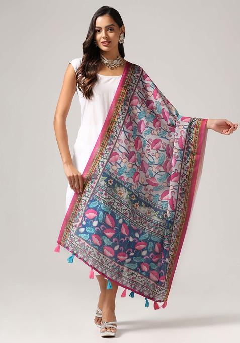 Pink Printed Linen Cotton Zari Dupatta