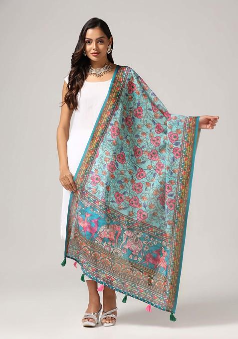 Sky Blue Printed Linen Cotton Zari Dupatta