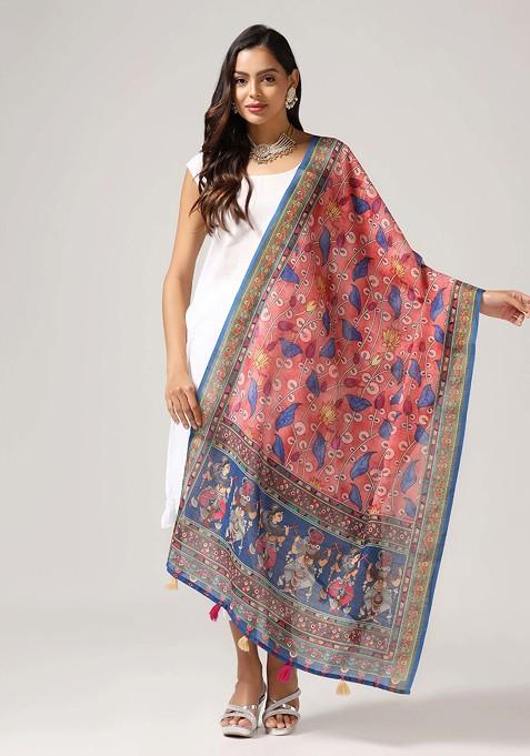 Peach Printed Linen Cotton Zari Dupatta