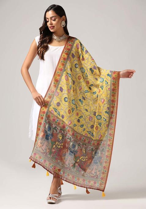 Yellow Printed Linen Cotton Zari Dupatta