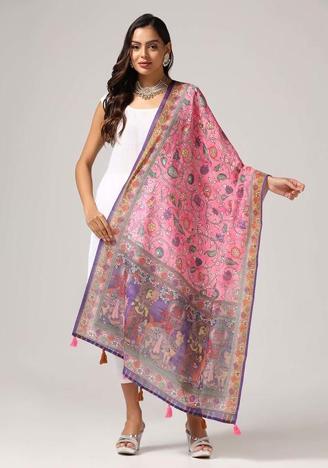 Pink Printed Linen Cotton Zari Dupatta