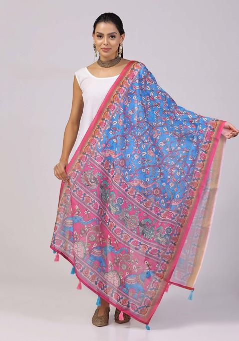 Blue Printed Linen Cotton Zari Dupatta