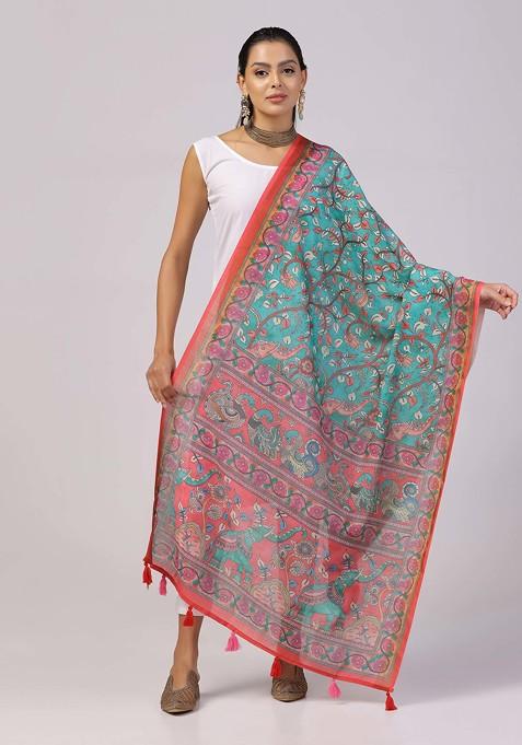 Teal Printed Linen Cotton Zari Dupatta