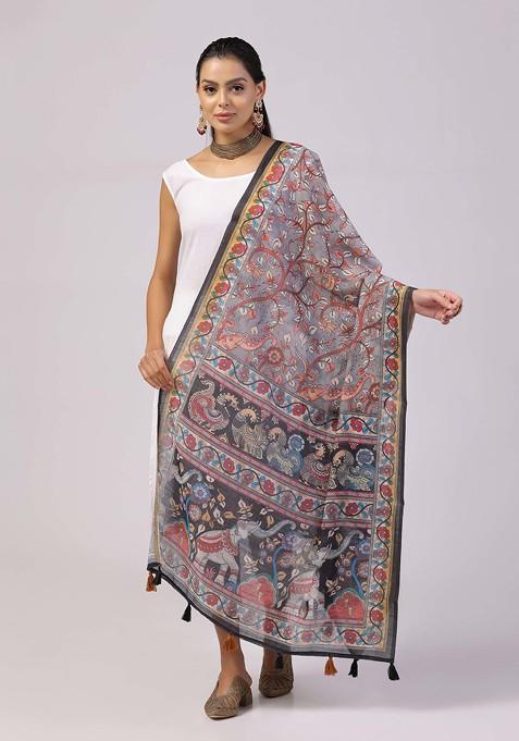 Grey Printed Linen Cotton Zari Dupatta