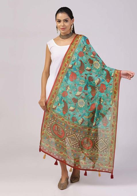 Teal Printed Linen Cotton Zari Dupatta