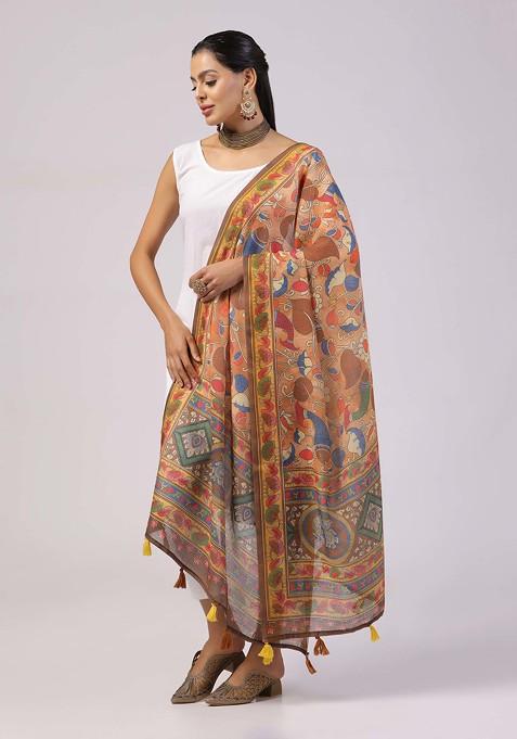 Peach Printed Linen Cotton Zari Dupatta