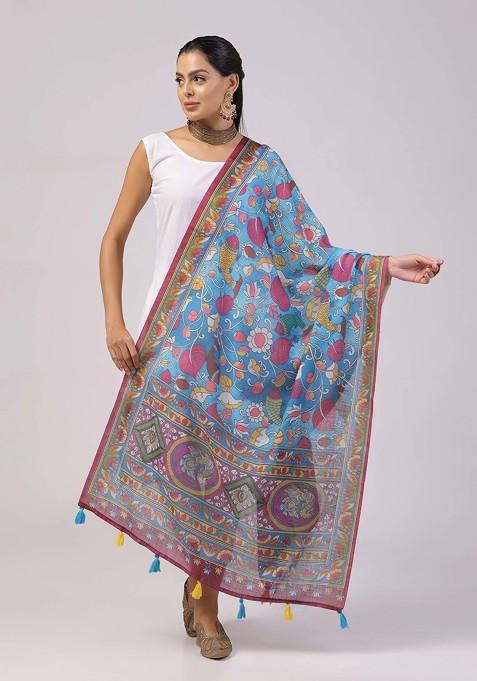 Teal Printed Linen Cotton Zari Dupatta