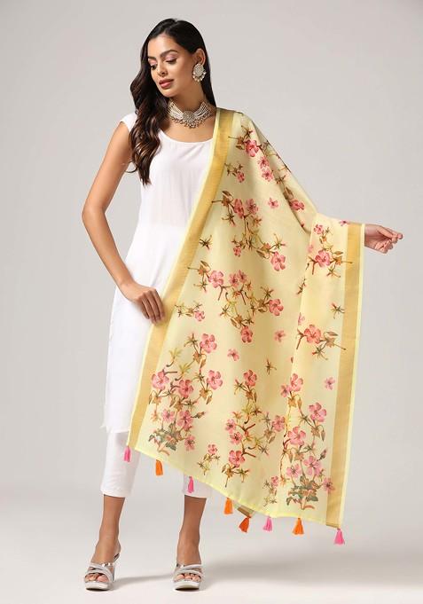 Yellow Printed Linen Cotton Zari Dupatta