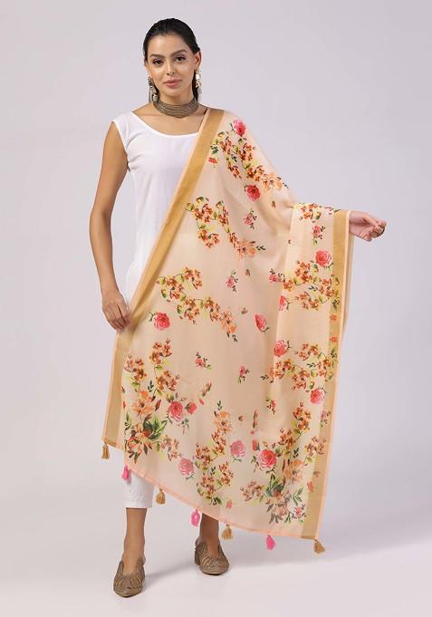 Peach Printed Linen Cotton Zari Dupatta