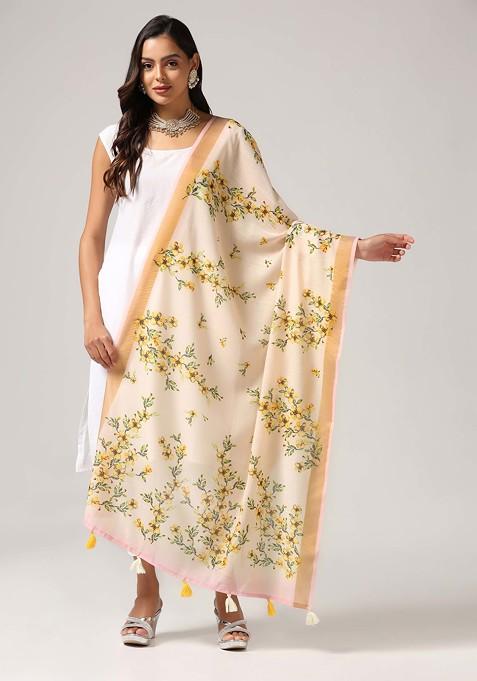 Cream Printed Linen Cotton Zari Dupatta