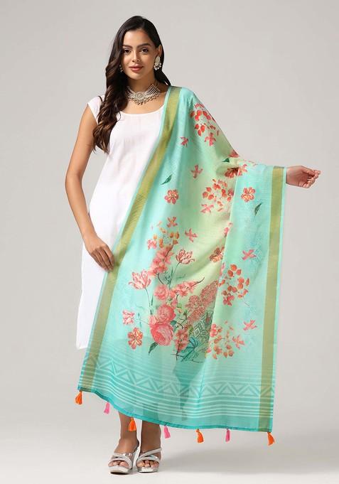 Sky Blue Printed Linen Cotton Zari Dupatta