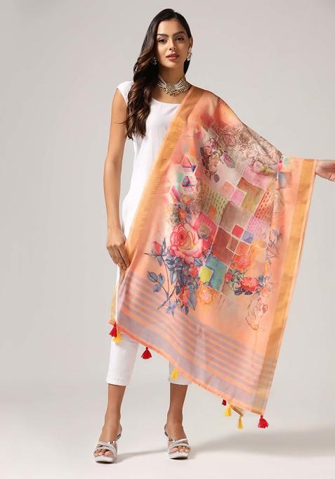 Peach Printed Linen Cotton Zari Dupatta