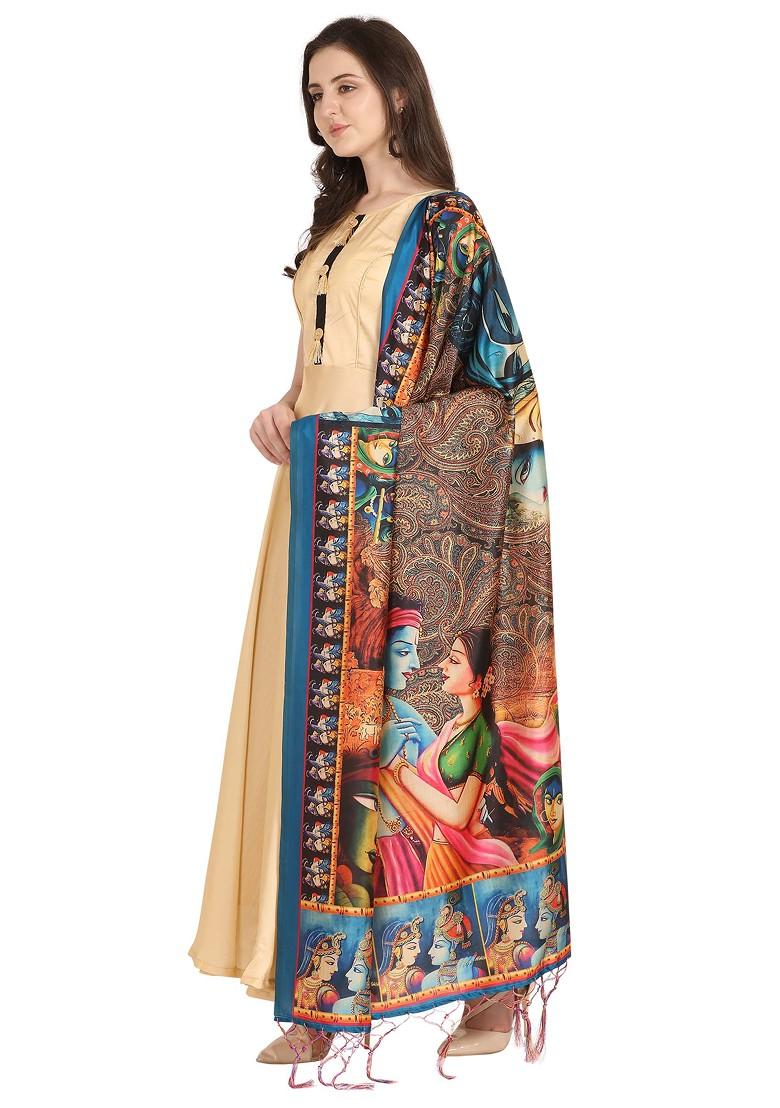 Multicolour Printed Assam Silk Dupatta - Indya