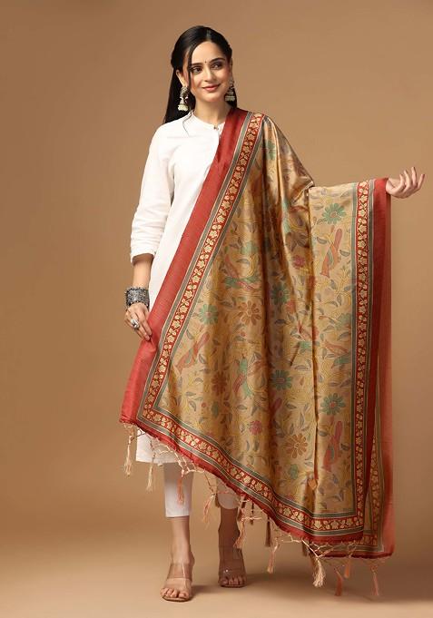 Multicolour Printed Assam Silk Dupatta