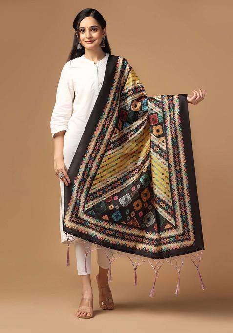 Multicolour Printed Assam Silk Dupatta