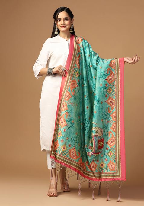 Multicolour Printed Assam Silk Dupatta